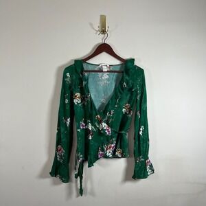 H&M Womens Floral Wrap Top Long Sleeve Ruffles Green Pink Size 2 Boho Vacation